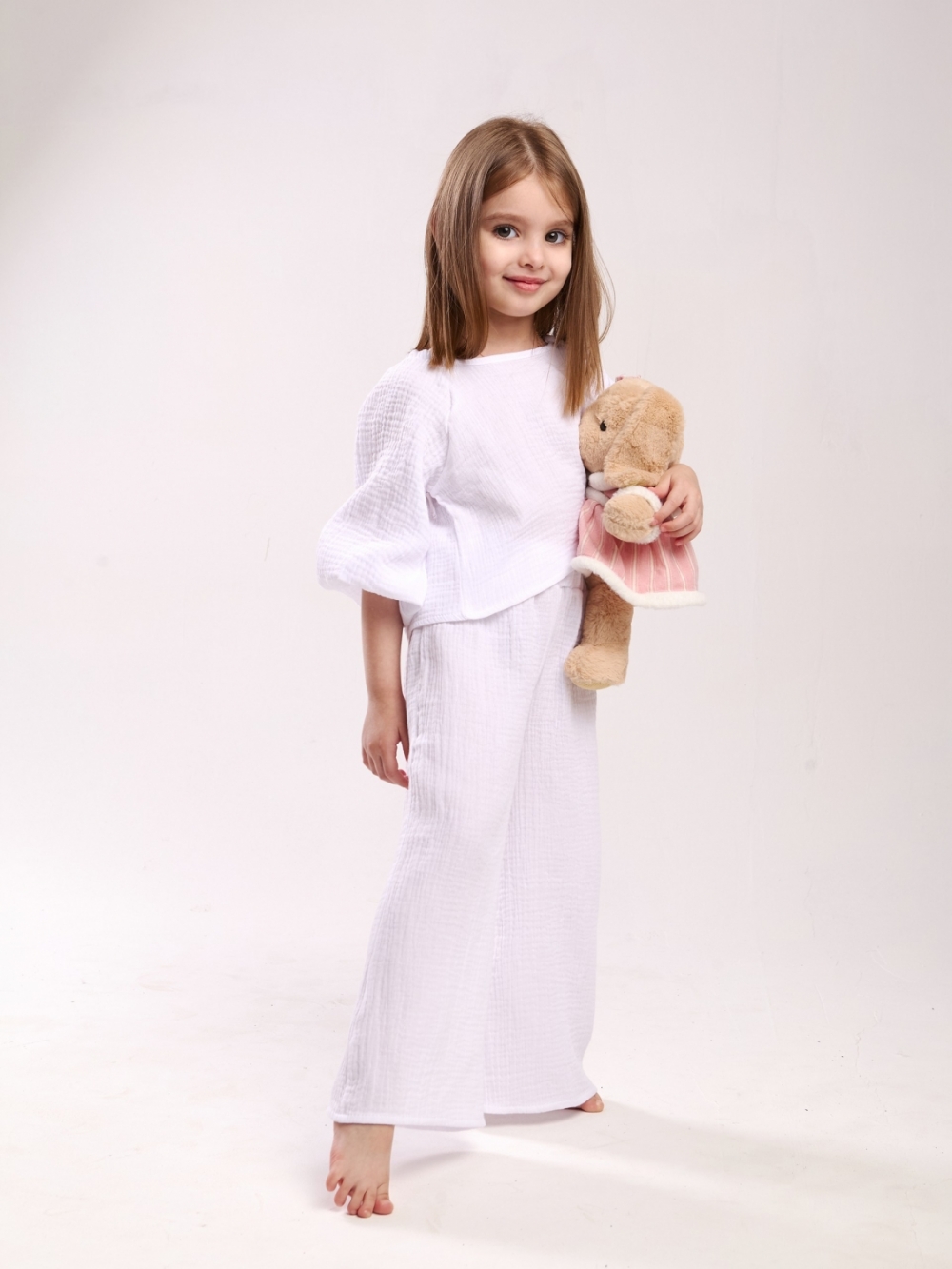 329-БЛ. Костюм детский Палаццо, белый, хлопок 100%  муслин, размеры 98,104,110,116