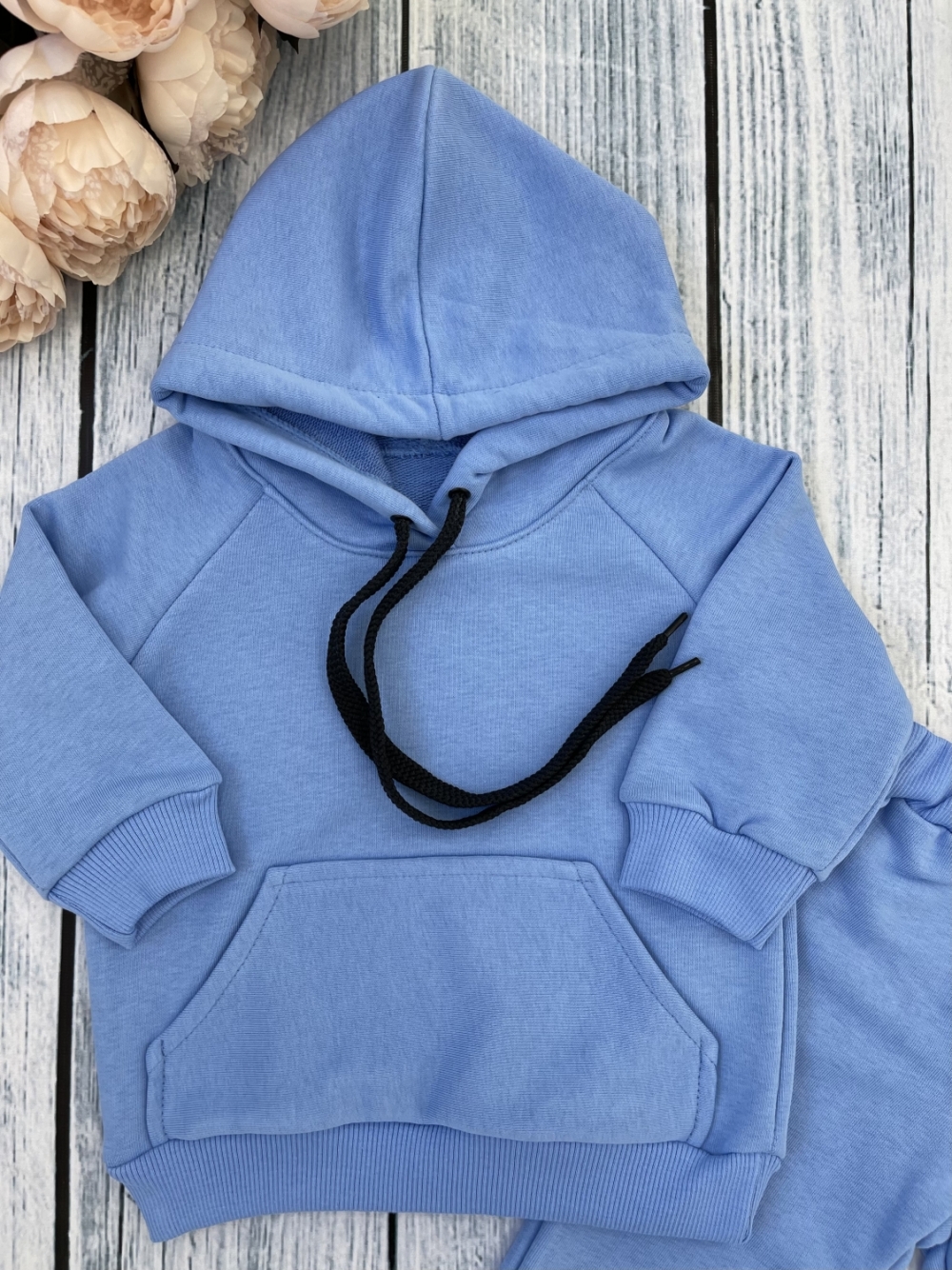 311-Г. Свитшот с капюшоном + Штаны, хлопок 65%, 35% ПЭ, 3-х нитка ( без начеса) голубой 98,104,110,116